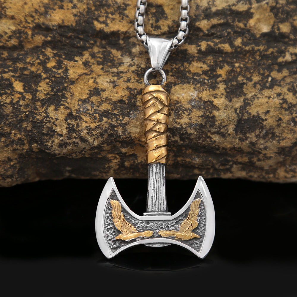 Nordic Viking Raven Axe Titanium Steel Pendant Necklace