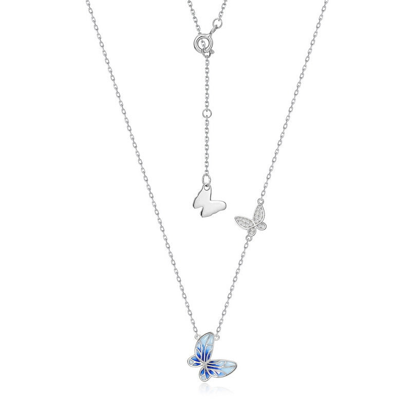Blue Enamel Butterfly Zircon Sterling Silver Necklace