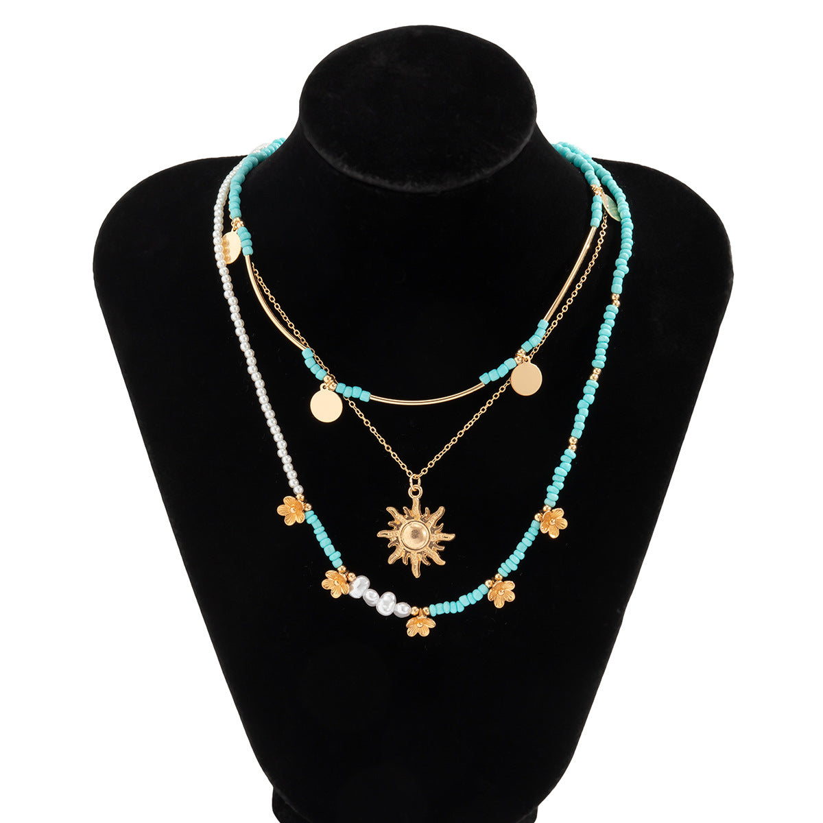 Planderful Vienna Verve Layered Imitation Pearl Necklace With Sequined Bead Flower Pendant For Fashion Forward Women