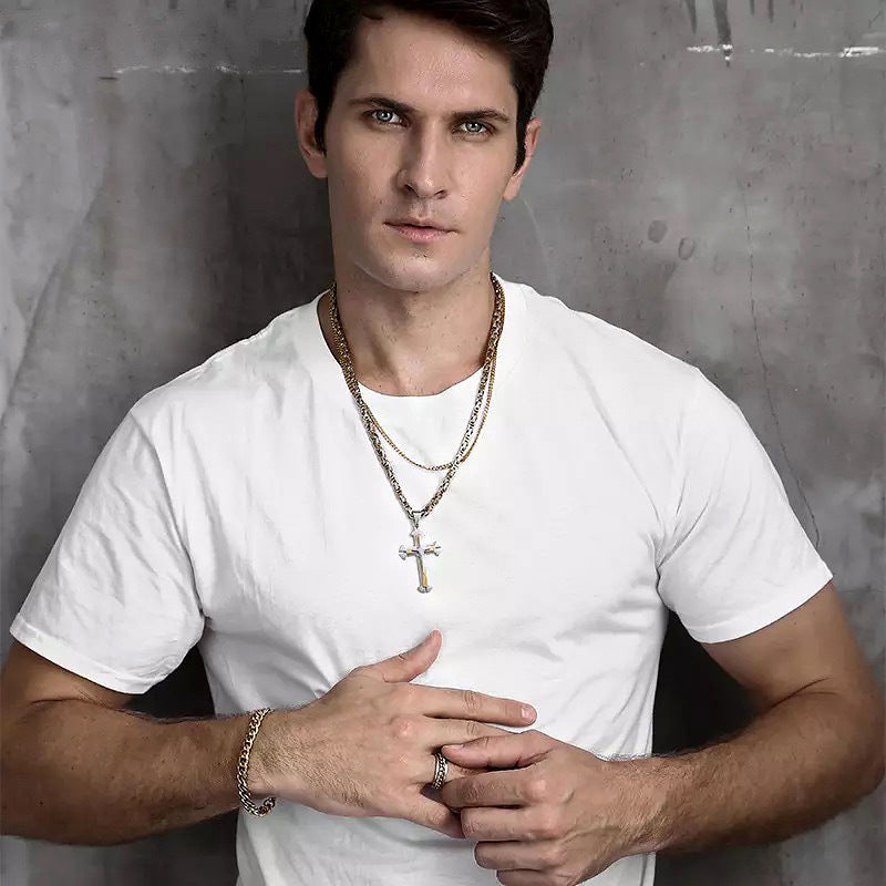Planderful Everyday Genie Three Layer Cross Necklace Stainless Steel Chain Trendy Mens Fashion Jewelry