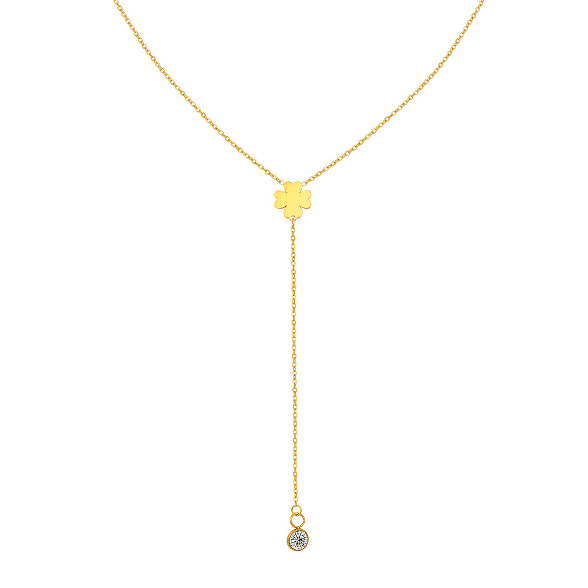 Gold-Plated Stainless Steel Flat Cross Chain Four-Leaf Clover Zircon Fringed Y-Shaped Necklace