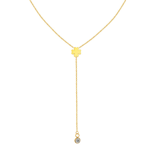 Gold-Plated Stainless Steel Flat Cross Chain Four-Leaf Clover Zircon Fringed Y-Shaped Necklace