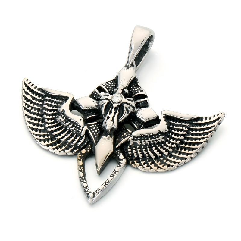 Fallen Angel Pendant Punk Goth Skull Wings Cross Sword Wings Stainless Steel Men's Necklace
