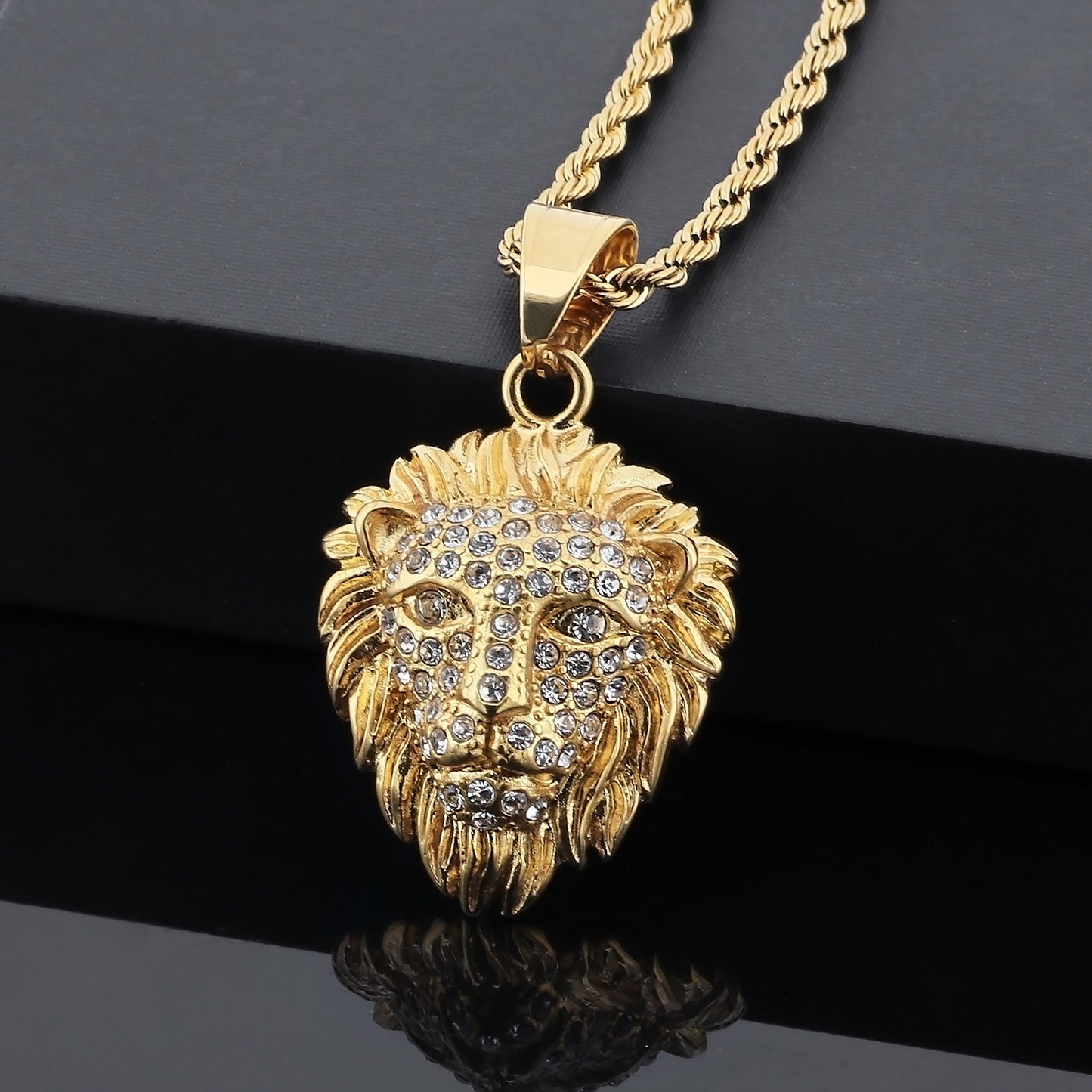 Titanium Steel Lion Head Pendant with Gold Electroplating and Zircon Accents for Men