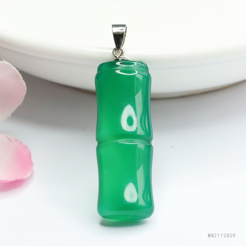 Icy Green Chalcedony Bamboo Silver Pendant — No Chain