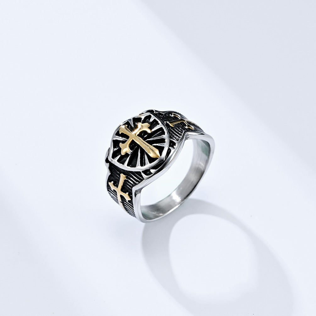 Vintage Crusader Shield Cross Titanium Steel Ring for Men