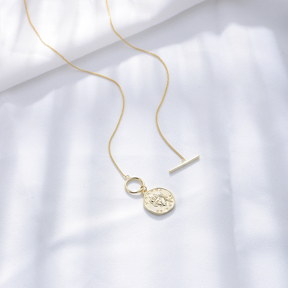 925 Sterling Silver Coin Portrait Necklace Retro Gold Relief Pendant