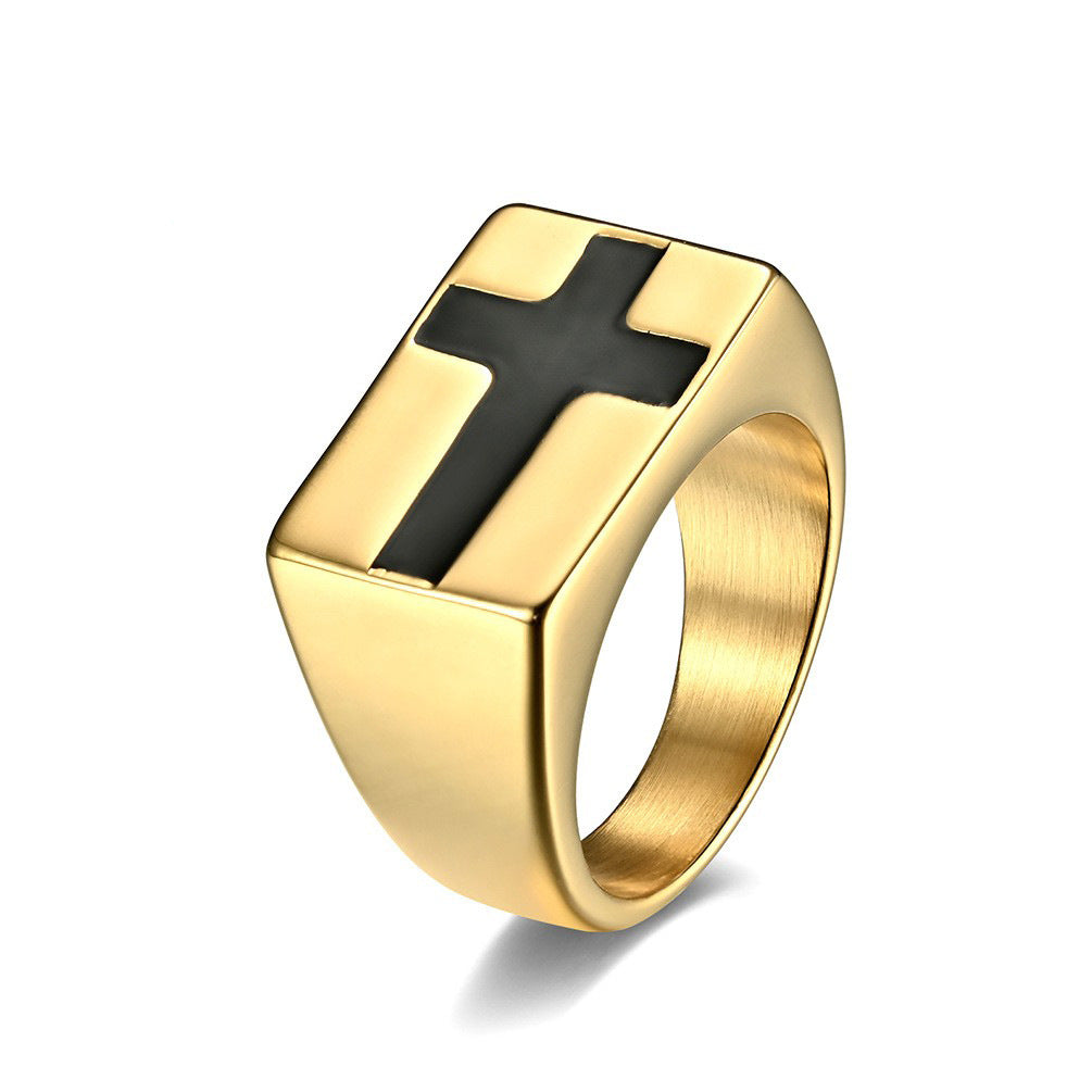 Scenery Cross Stainless Steel Gold-Plated Ring