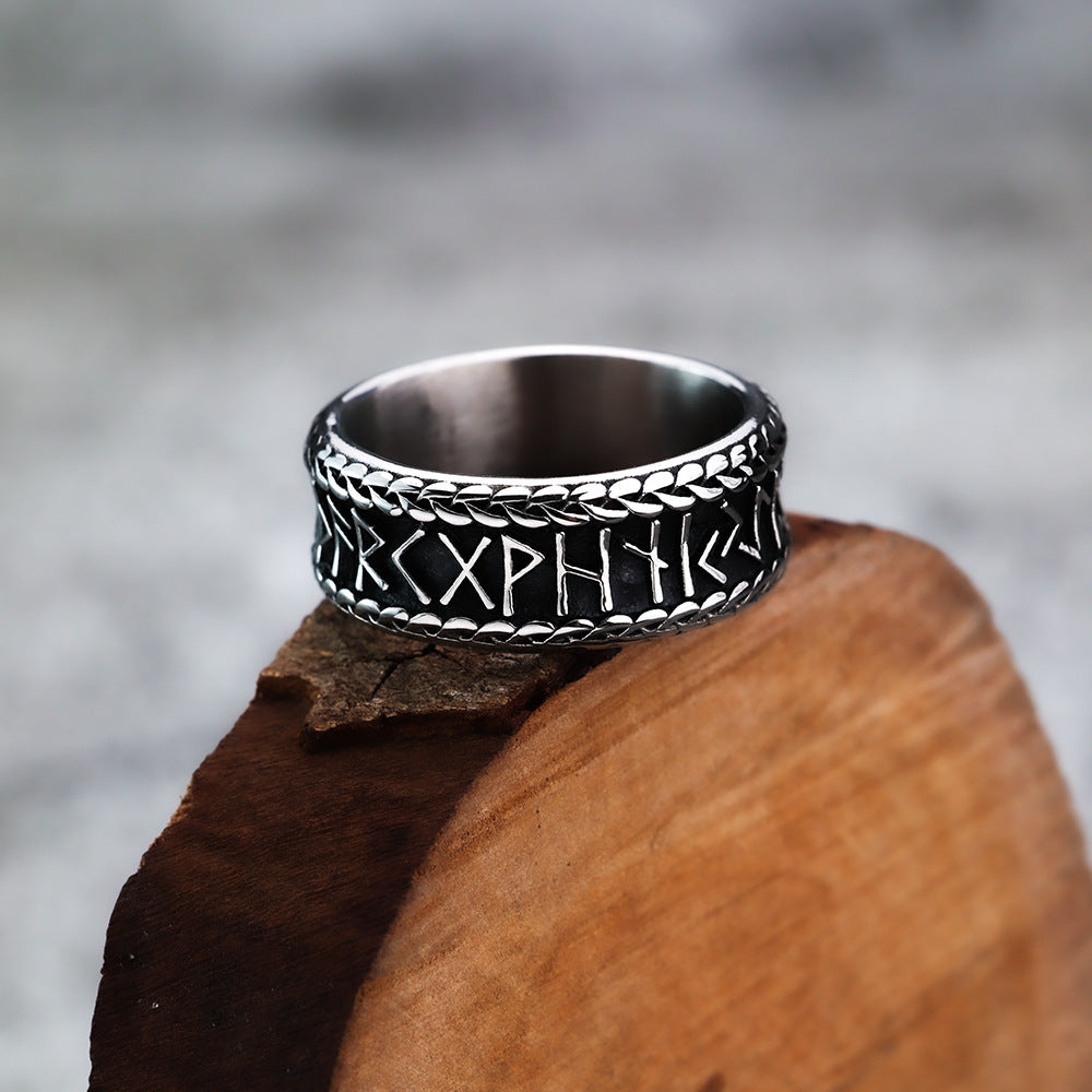 European And American Jewelry Wholesale Men's Titanium Steel Ring Retro Viking Rune Ethnic Style