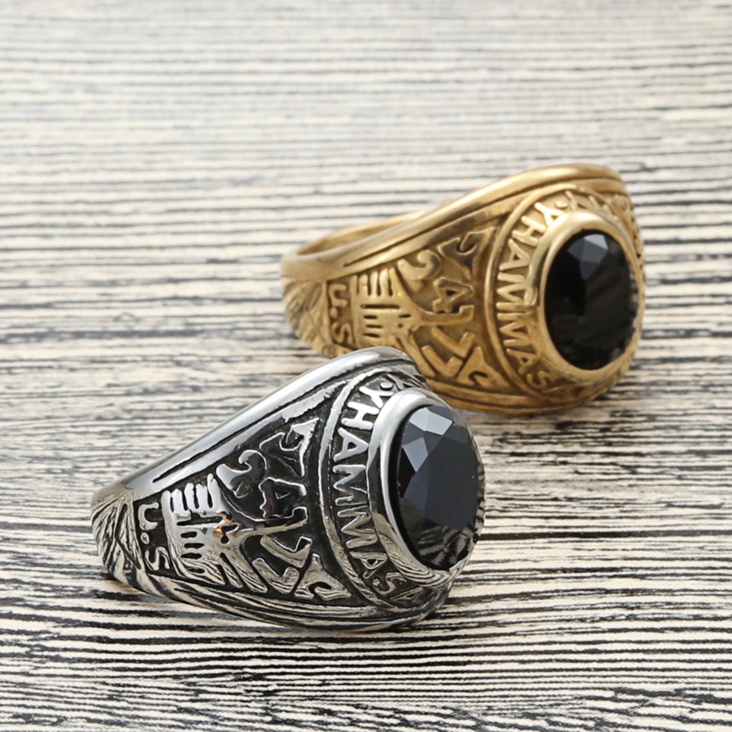 Titanium Steel Multi-Color Gemstone Ring for Men - Retro Punk Style with Letter Design