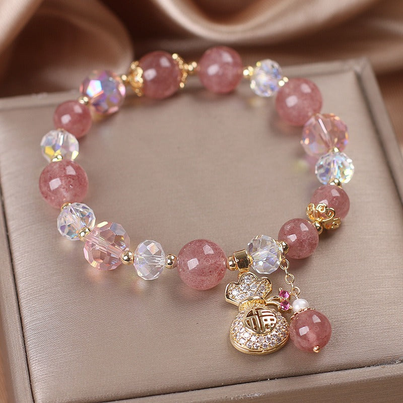 Exquisite Natural Strawberry Crystal Bracelet with Zircon-Encrusted Purse Pendant