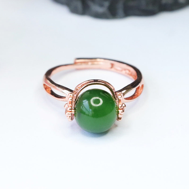Elegant Natural Hotan Jade Rotating Ring with Jasper Beads