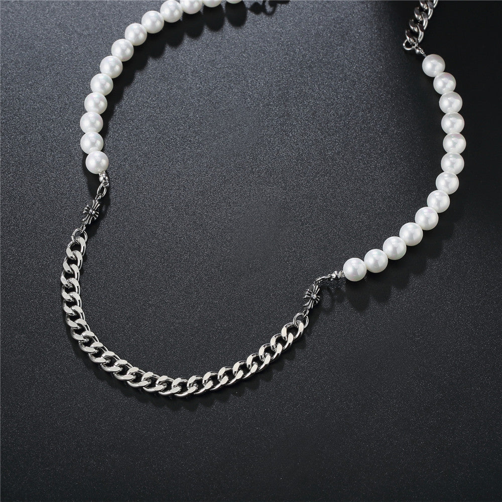 Planderful Korean Pearl Chain Cross Titanium Necklace For Unisex Hip Hop Style And Bold Statement
