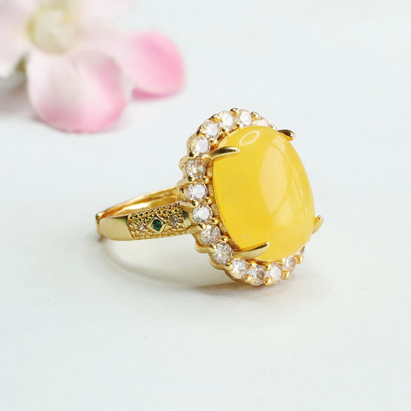 Amber Beeswax Zircon Sterling Silver Ring with Adjustable Opening