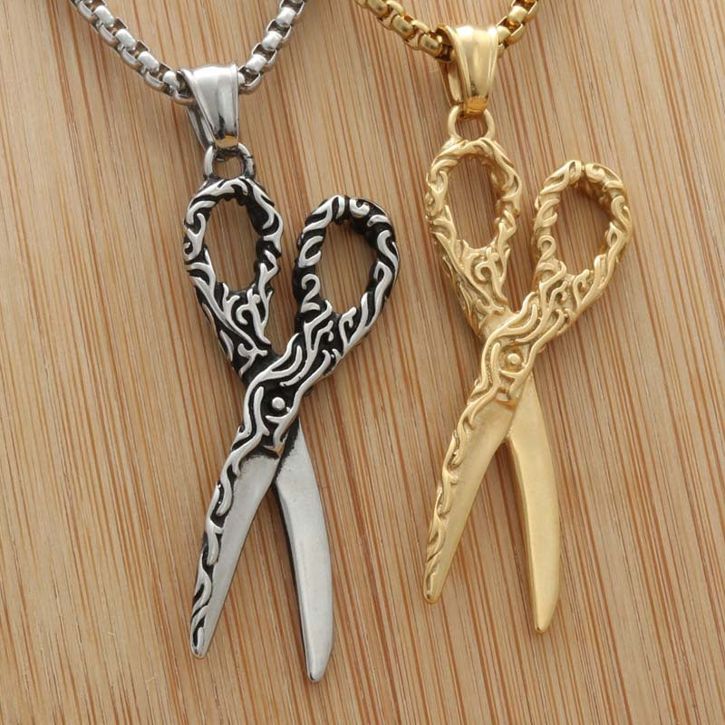 Titanium Steel Retro Punk Hairstylist Scissors Pendant for Men and Women