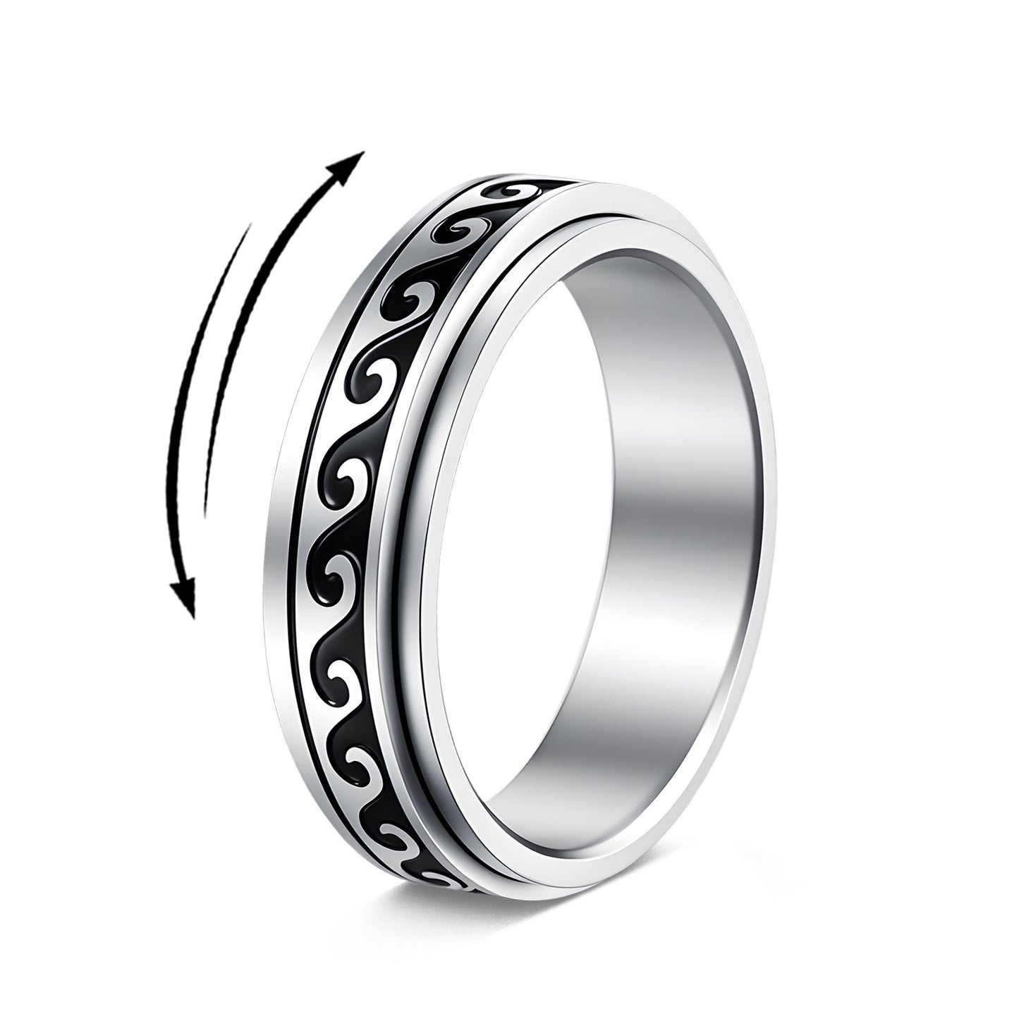 Planderful Everyday Genie Rotating Decompression Ring Stainless Steel Wave Pattern Unisex Stress Relief