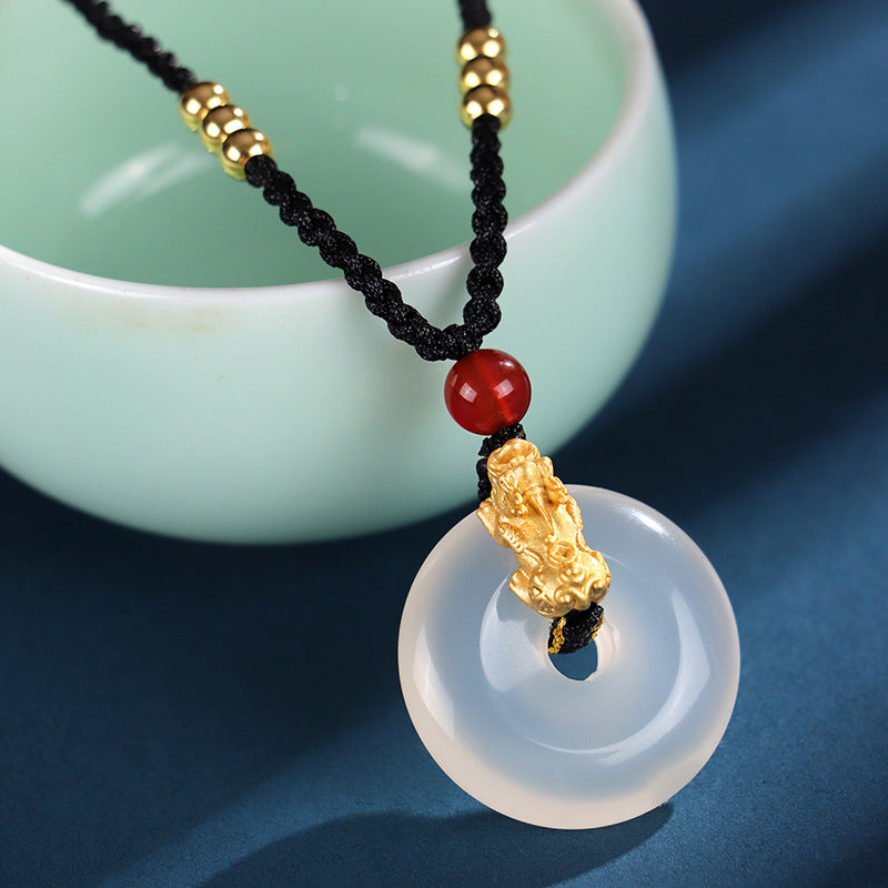 999 Silver Obsidian Agate Pixiu Peace Buckle Pendant Necklace