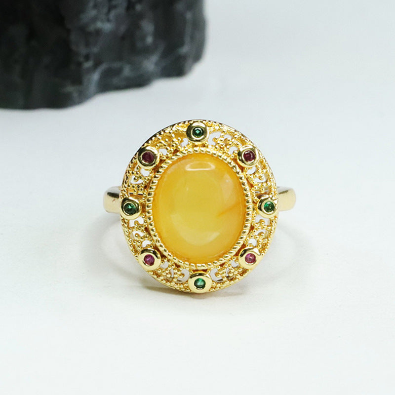 Hollow Honey Amber Zircon Silver Ring with Beehive Charm