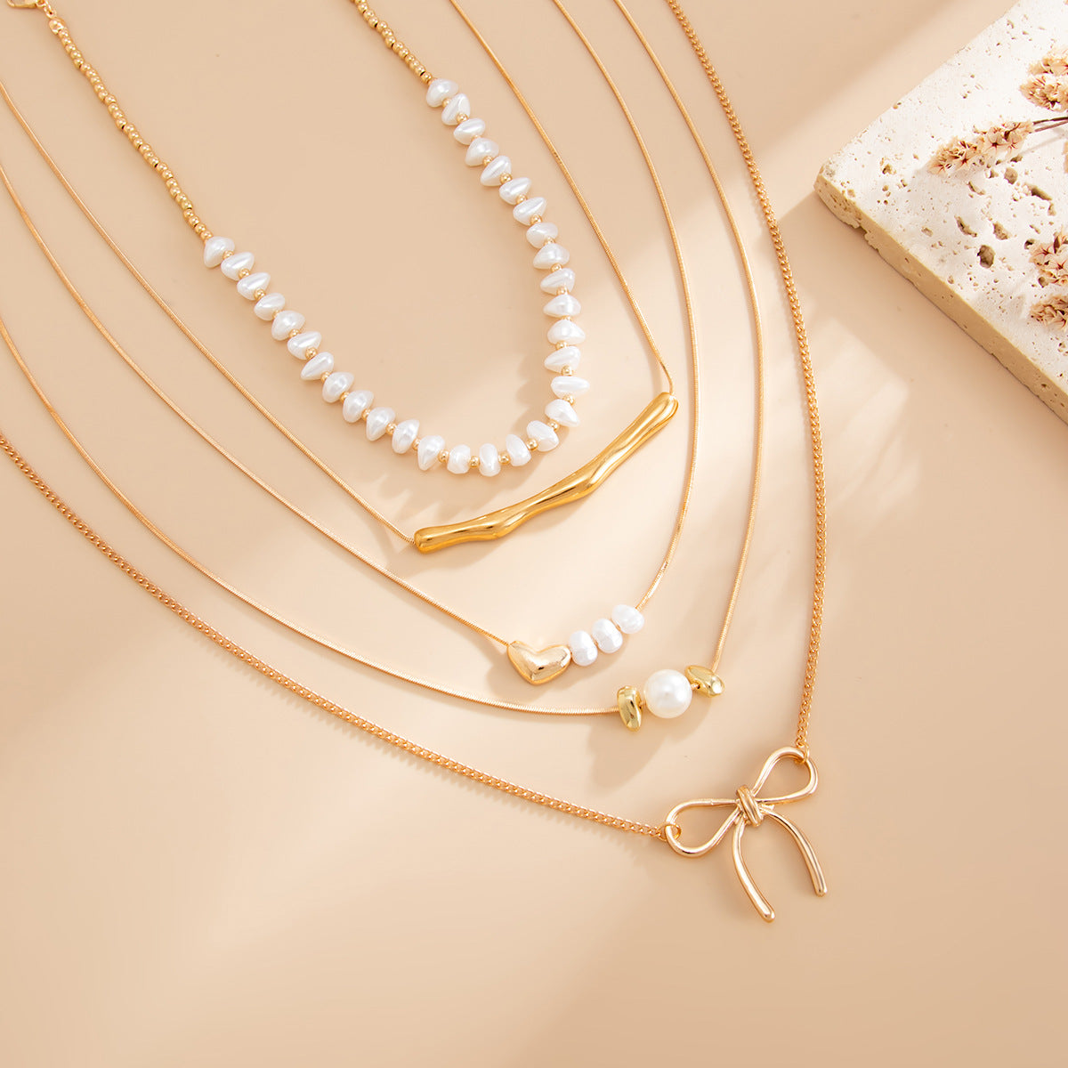 Geometric Pearl Heart & Bow Layered Necklace
