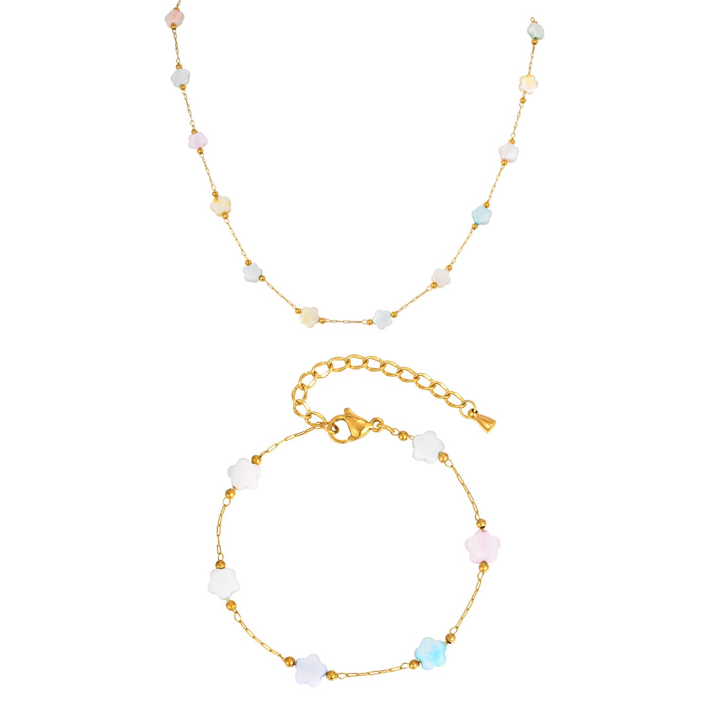 Girls Sweet Stainless Steel Shell Small Fresh Color Flower Bracelet Necklace Birthday Gift