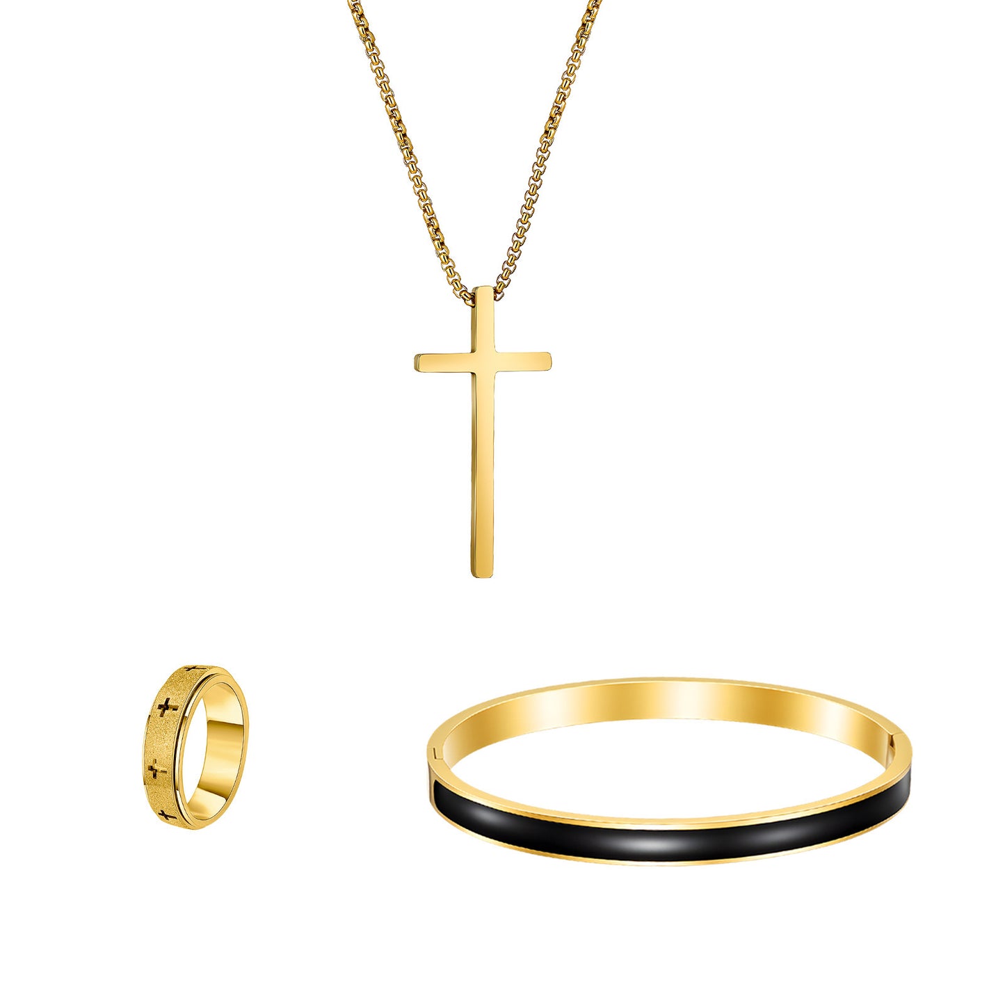 Planderful Everyday Genie Cross Design Stainless Steel Ring Bracelet Necklace Set For Women And Unisex Statement Jewelry
