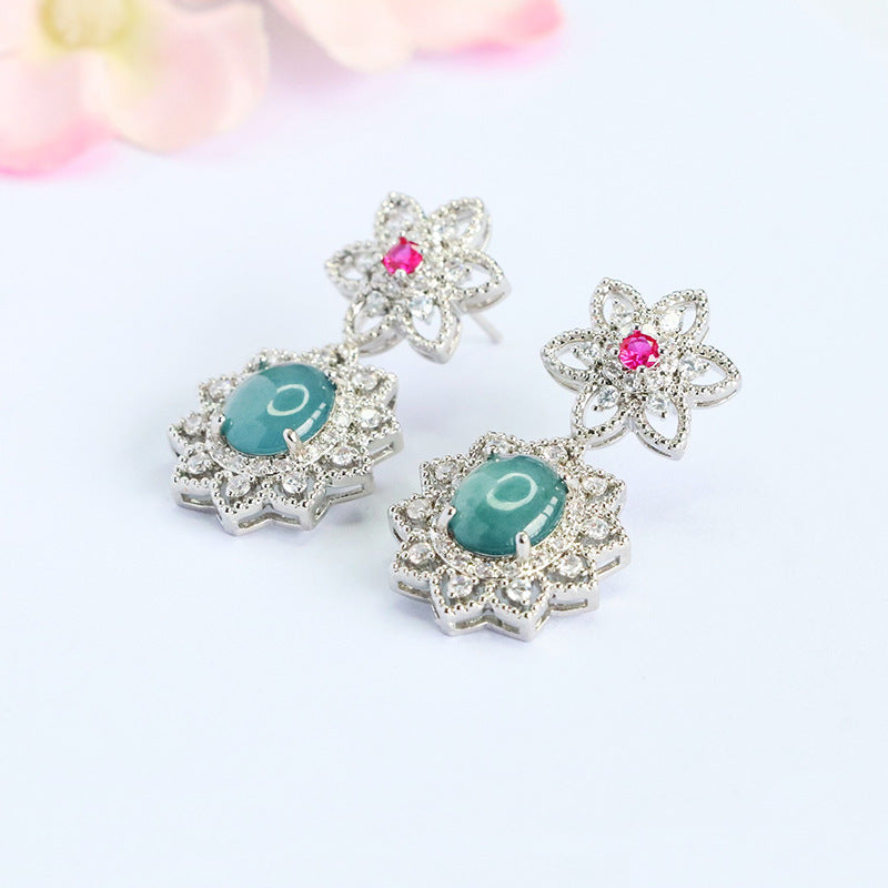 Blue-Water Jadeite Cherry Blossom Stud Earrings