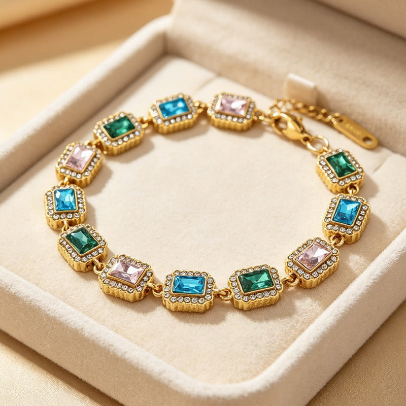 Color Surrounding Square Zircon Stainless Steel Bracelet Palace Style Adjustable