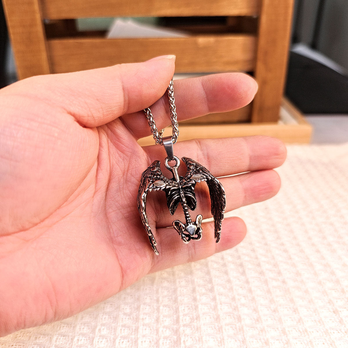 Half-Body Skull Wings Men's Stainless Steel Pendant Halloween Necklace