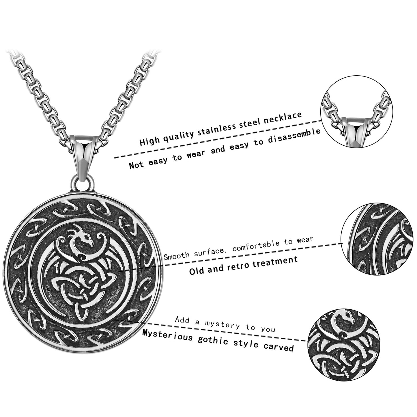 Steel Necklace - Elegant Celtic Dragon Pendant For Men Everyday Wear Gift Idea For Him