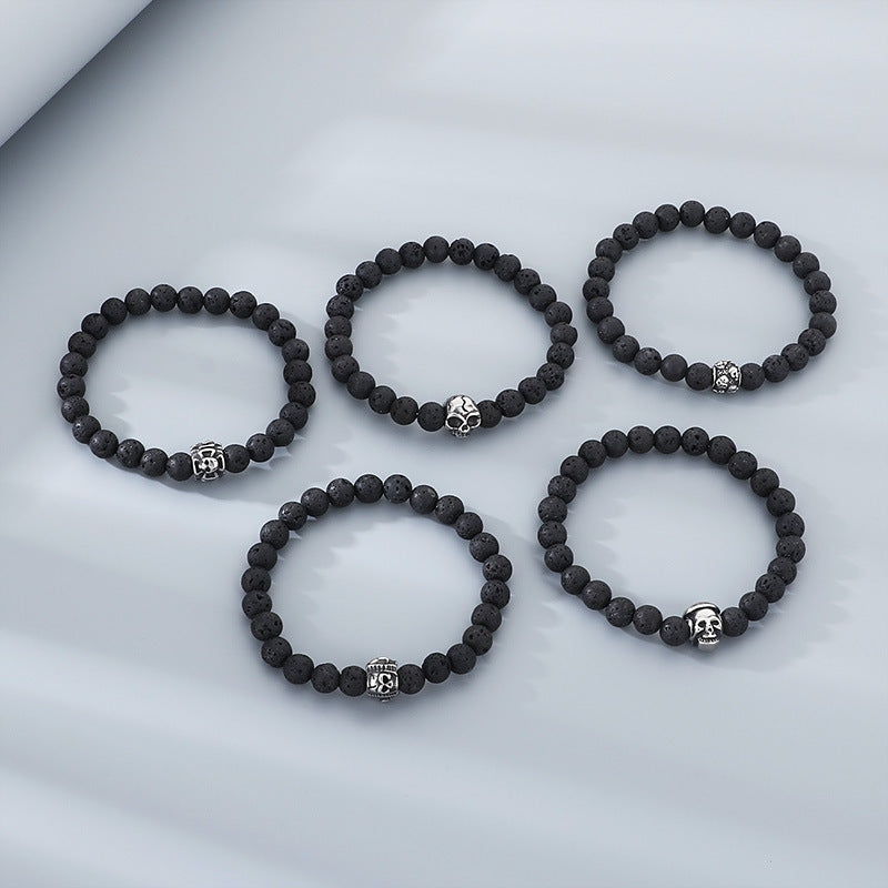Planderful Men Skull Beaded Elastic Bracelet Volcanic Stone