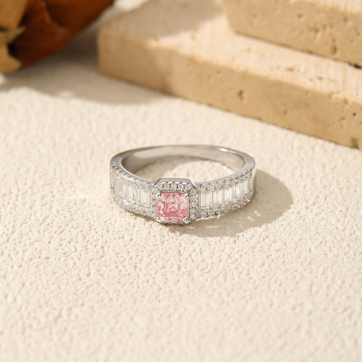 S925 Sterling Silver Pink Moissanite Ladder Ring