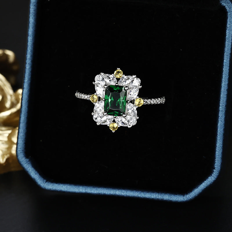 Silver Jewelry Green Zirconium Rectangle 7x5 Gemstone Ring