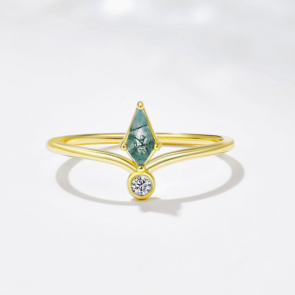 S925 Sterling Silver Aquatic Agate Ring, Crown Stacked With Natural Green Moss Stone