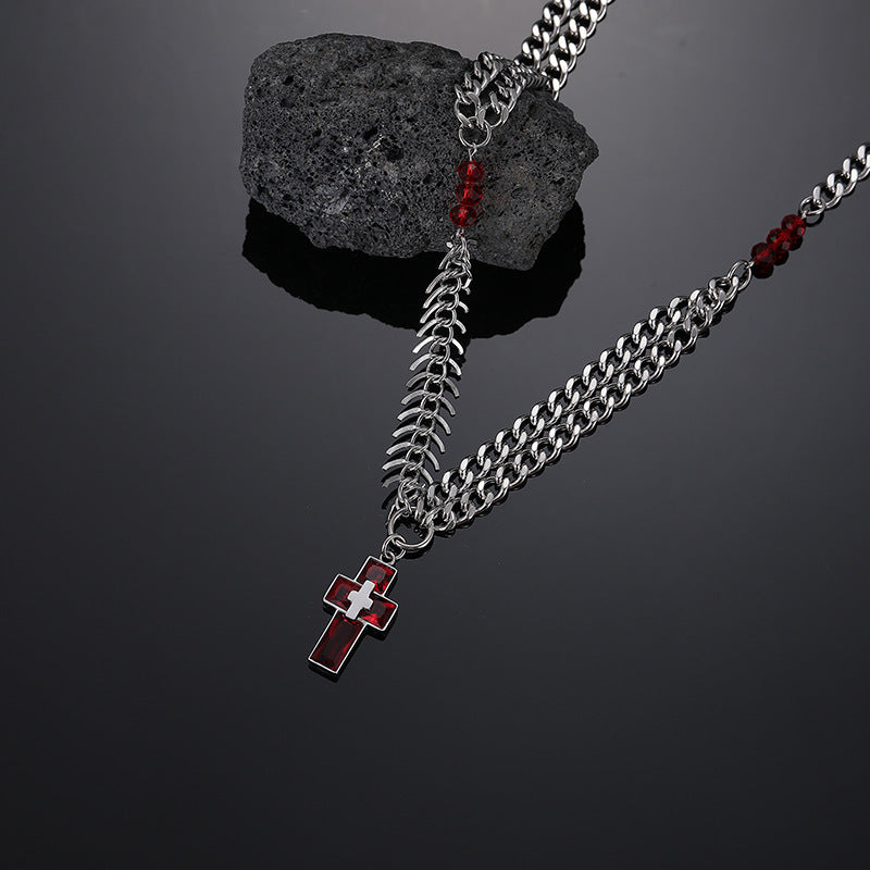 Planderful Jewelry Steel Fishbone Chain Cross Pendant Necklace