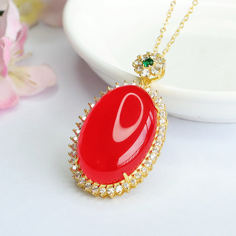 Pigeon Eggs Red Agate Pendant Zircon Halo Necklace