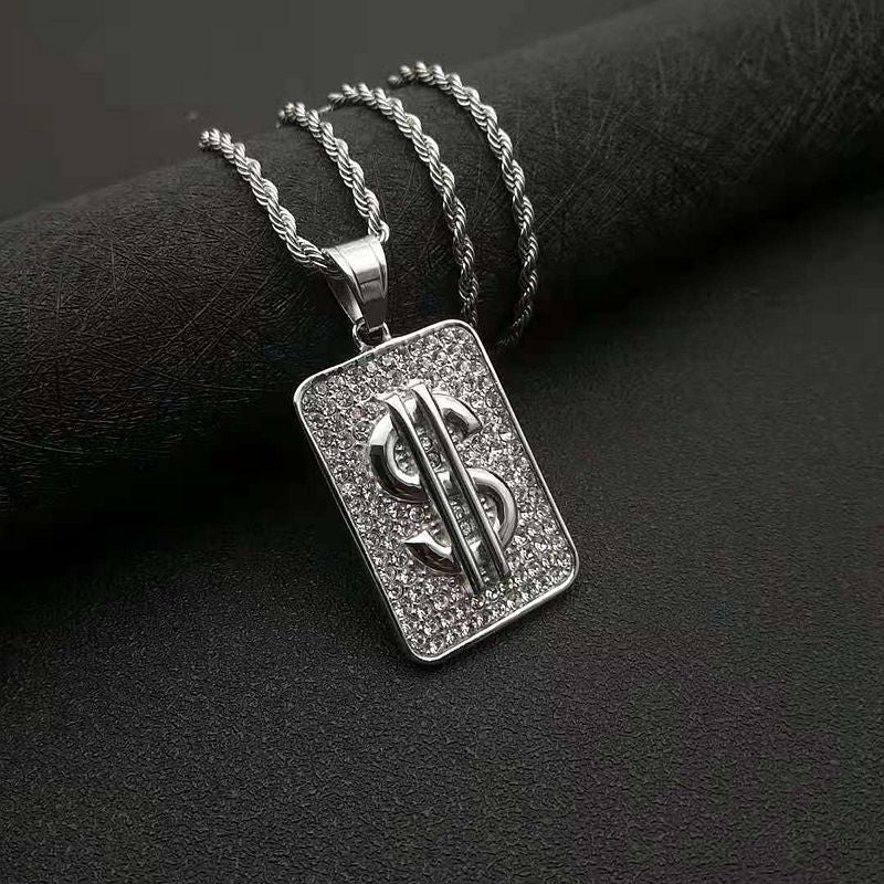 Zircon Necklace – Statement Hip Hop Gold Plated Steel Dollar Pendant With Chain For Everyday Style