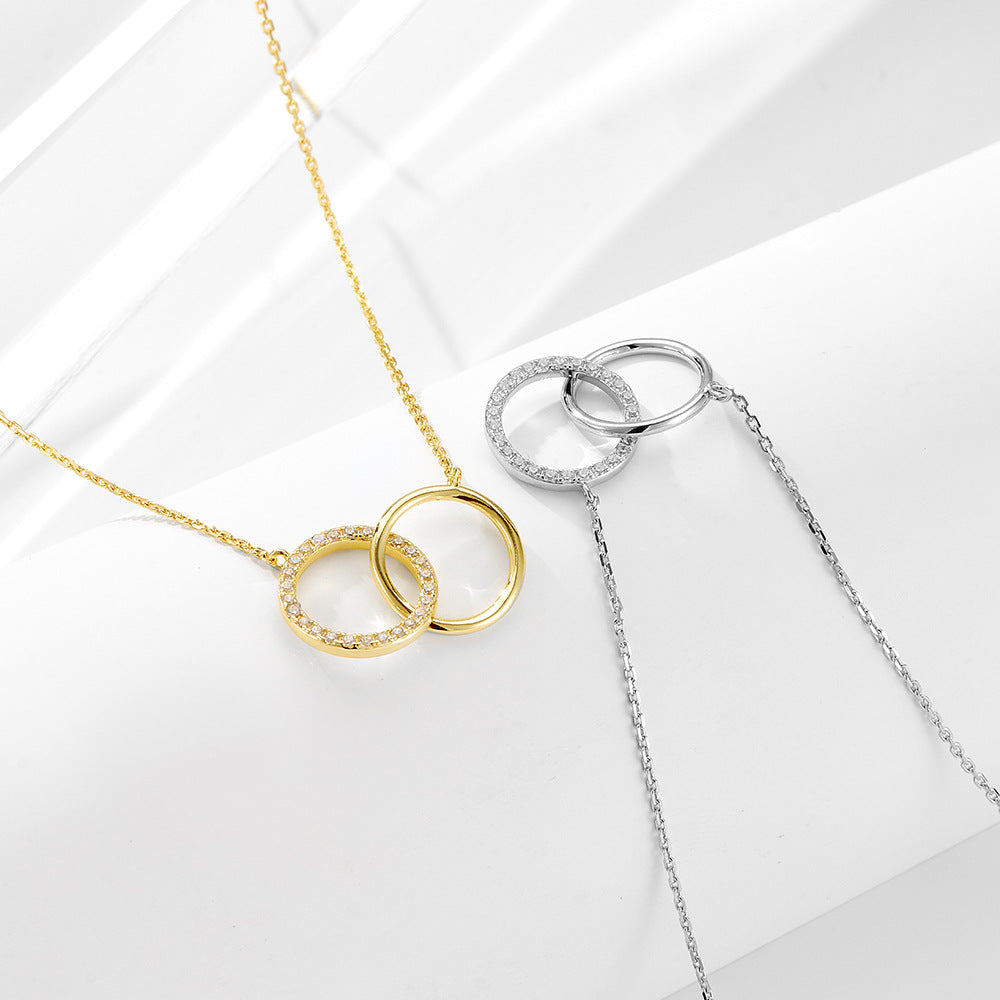 S925 Sterling Silver Personality Inlaid Zircon Circle Double Ring Interlocking Necklace
