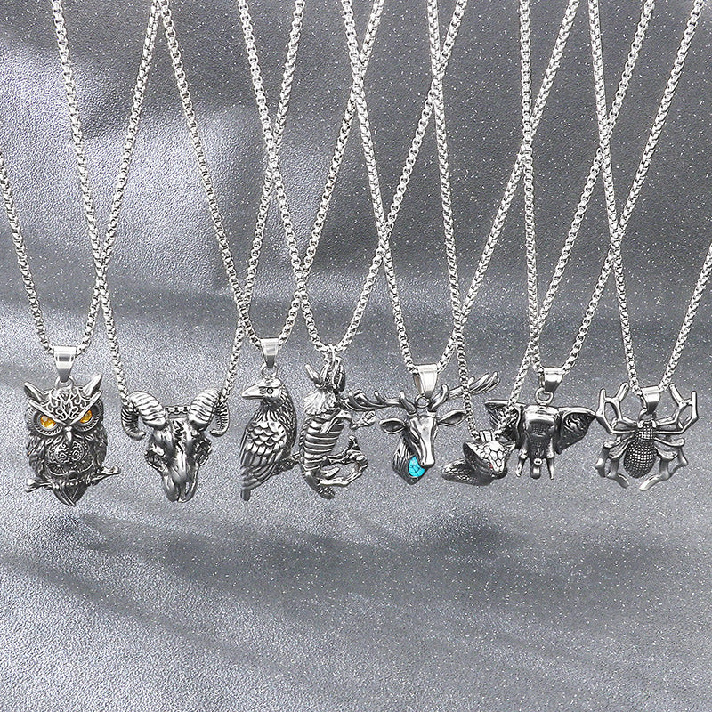 Animal Elk Cobra Dinosaur, Halloween Spider Horns Skull Titanium Steel Men's Pendant Necklace