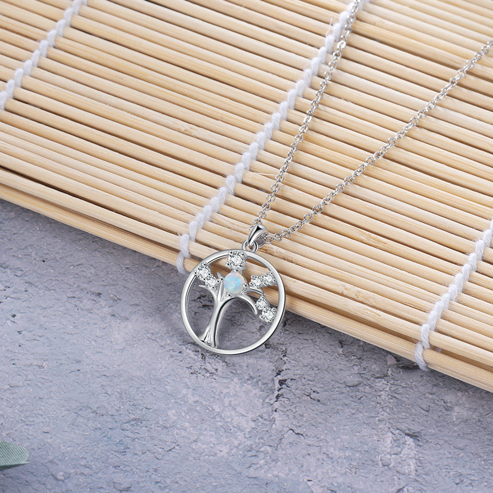 Planderful Jewelry Opal Necklace Zircon Tree Of Life In Sterling Silver S925 Elegant Design