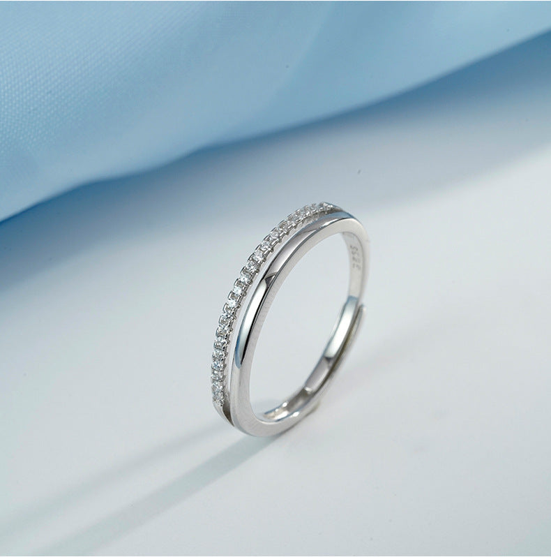 Korean Version S925 Silver Ring Double Layer Zircon Adjustable Ring