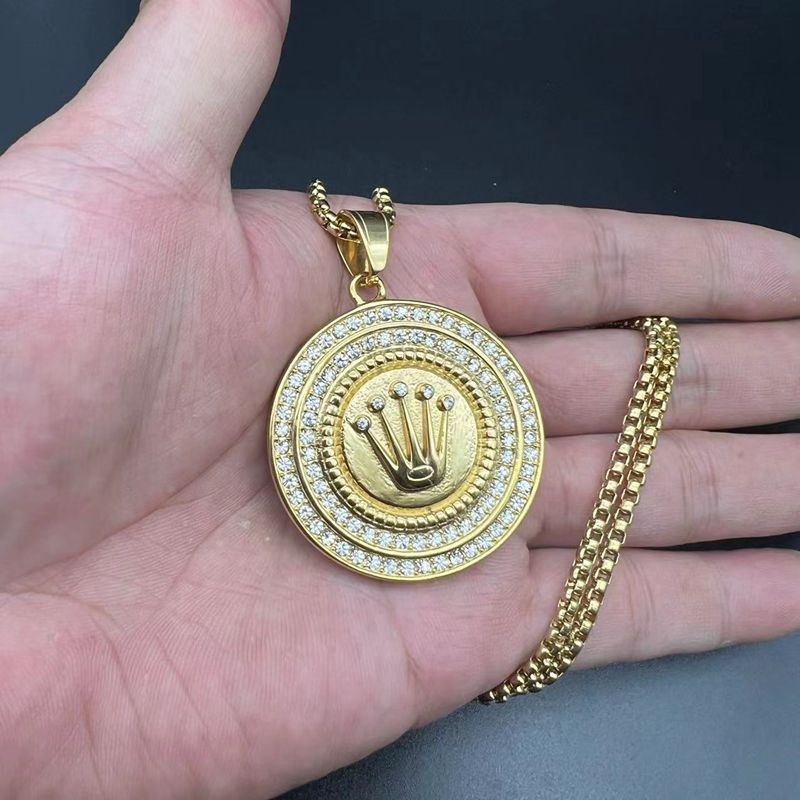 Planderful Premium Hip Hop Necklace Titanium Steel Rhinestone Crown Pendant Three Bead For Men And Women