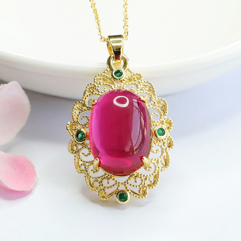 Lab-Grown Ruby Patterned Oval Pendant — No Chain