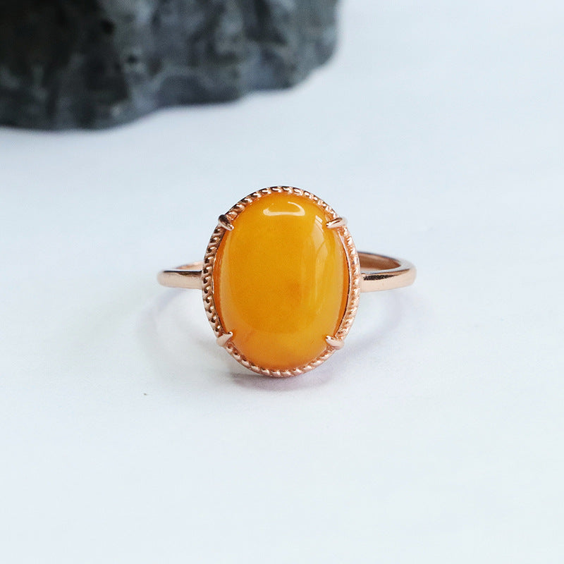 Sterling Silver Adjustable Oval Beeswax Amber Ring