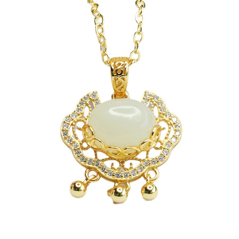 Sterling Silver Hetian Jade Pendant with Zircon Ruyi Lock Necklace