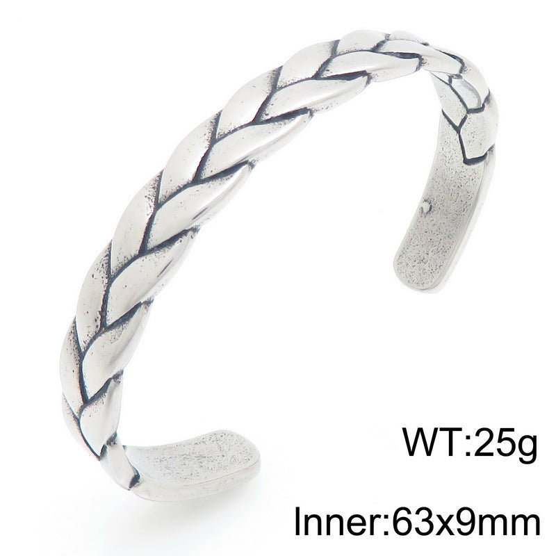 Antique Leaf Pattern C-Shaped Bracelet – Punk Style Leaf Pattern Twist Woven Stainless Steel