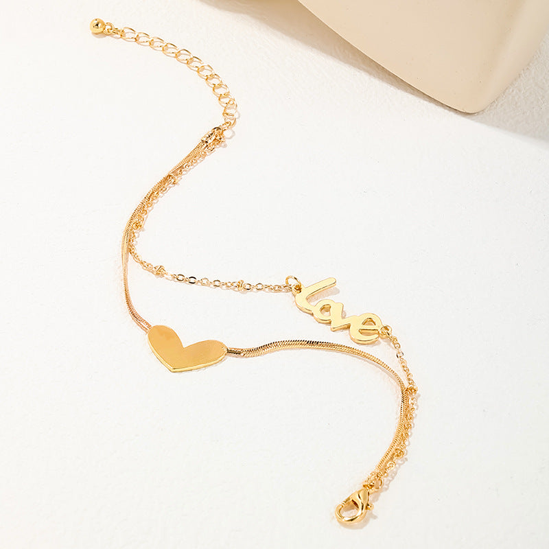Elegant Double-Layered Heart Bracelet in English Style