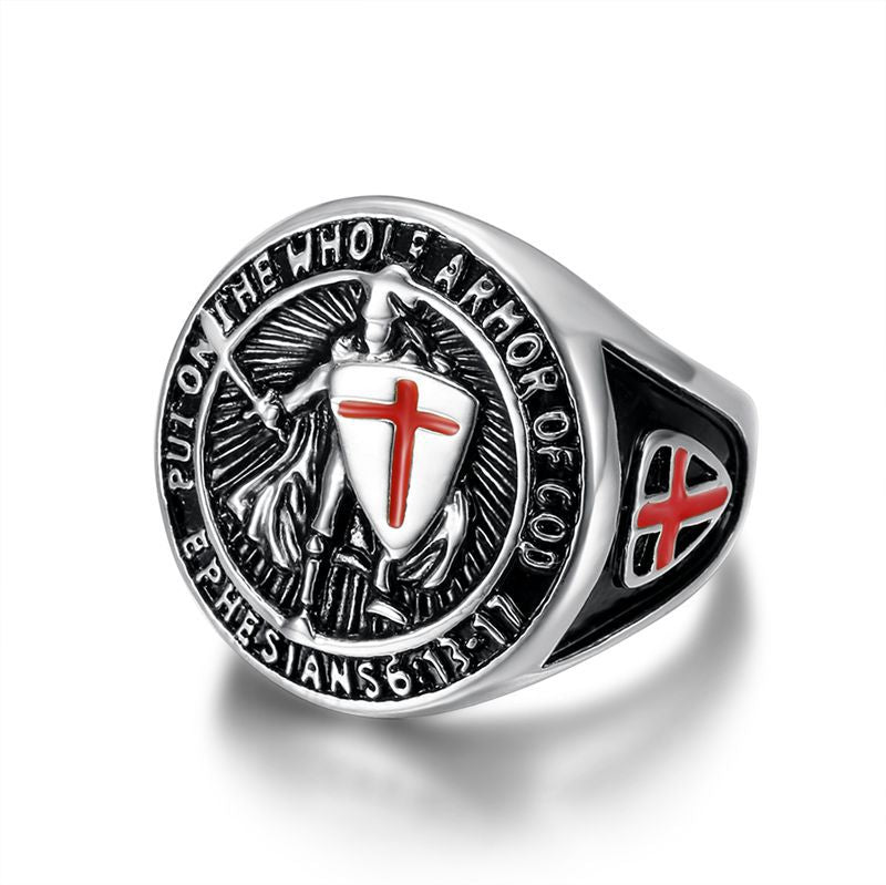 Planderful Everyday Genie Titanium Steel Gold Plated Ring Red Cross Shield For Men Hip Hop Style