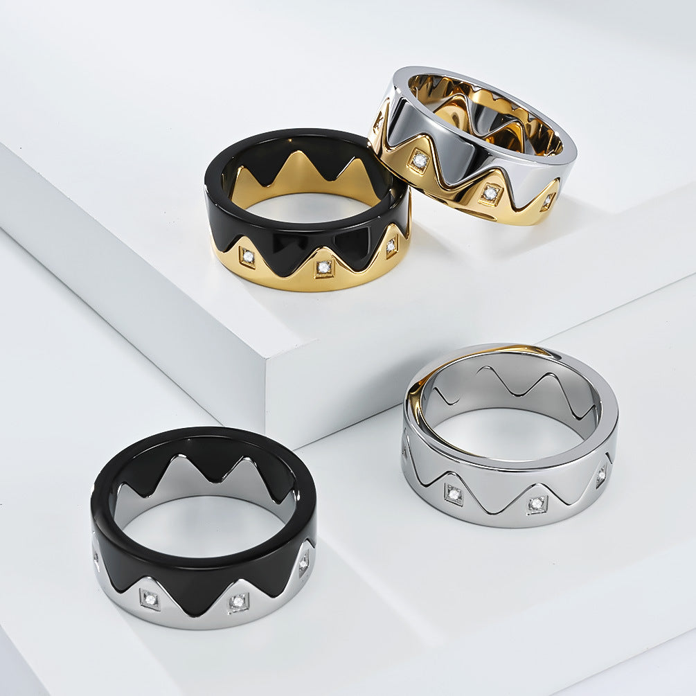 Planderful Personalized Crown Zircon Inlaid Titanium Steel Couple Ring For Him And Her