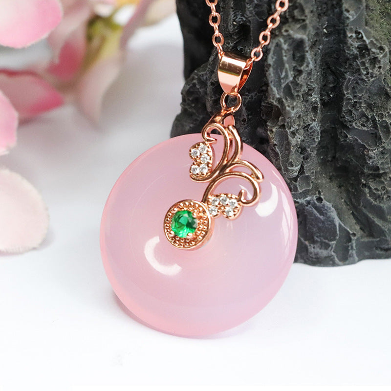 Rose Gold Necklace with Butterfly Pendant Featuring Natural Pink Chalcedony
