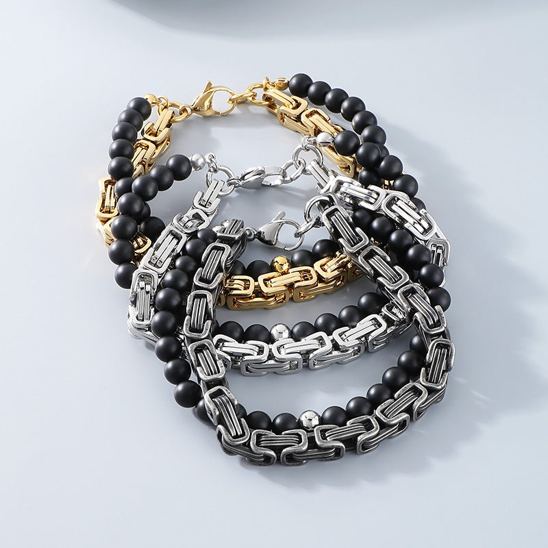 Planderful Mens Black Agate Double Layer Emperor Bracelet